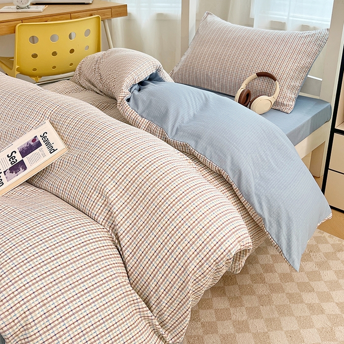 91家纺网 家纺一手货源 找家纺 梦舒羽 2025新款双层纱格子学生宿舍上下铺套件 常规款-魅力蓝咖