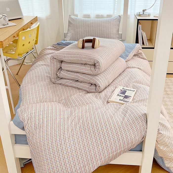 91家纺网 家纺一手货源 找家纺 梦舒羽 2025新款双层纱格子学生宿舍上下铺套件 常规款-魅力蓝咖