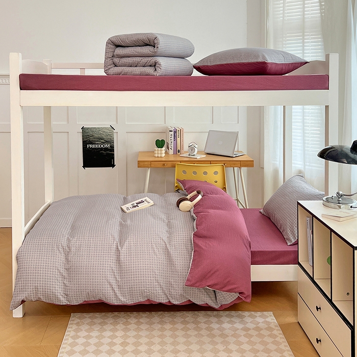 91家纺网 家纺一手货源 找家纺 梦舒羽 2025新款双层纱格子学生宿舍上下铺套件 常规款-明古灰格