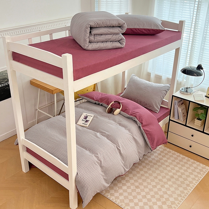 91家纺网 家纺一手货源 找家纺 梦舒羽 2025新款双层纱格子学生宿舍上下铺套件 常规款-明古灰格