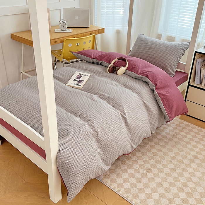 91家纺网 家纺一手货源 找家纺 梦舒羽 2025新款双层纱格子学生宿舍上下铺套件 常规款-明古灰格