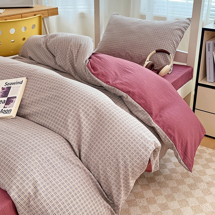 91家纺网 家纺一手货源 找家纺 梦舒羽 2025新款双层纱格子学生宿舍上下铺套件 常规款-明古灰格