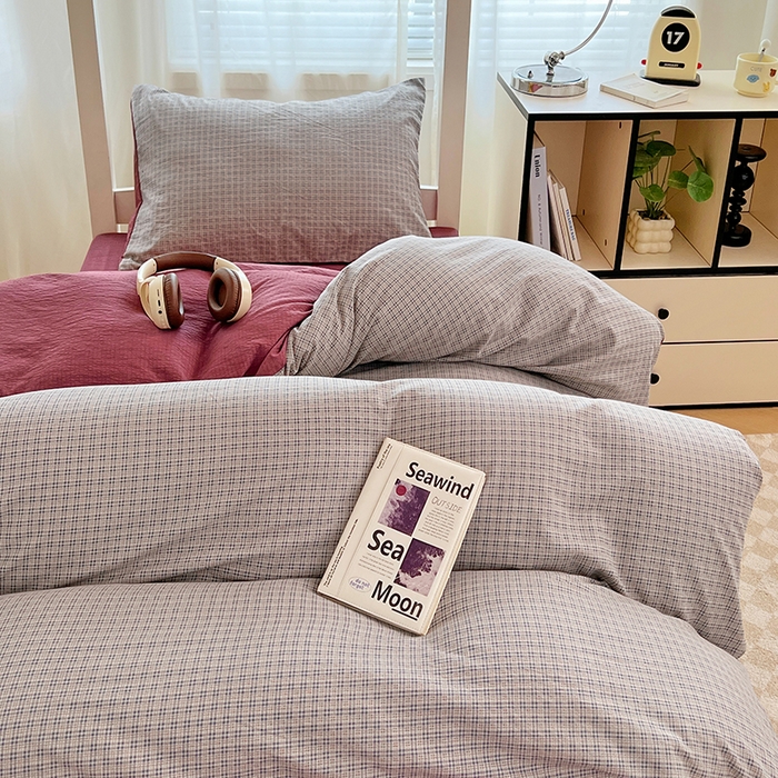91家纺网 家纺一手货源 找家纺 梦舒羽 2025新款双层纱格子学生宿舍上下铺套件 常规款-明古灰格