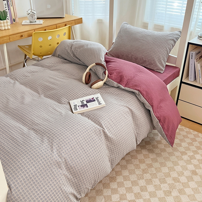 91家纺网 家纺一手货源 找家纺 梦舒羽 2025新款双层纱格子学生宿舍上下铺套件 常规款-明古灰格