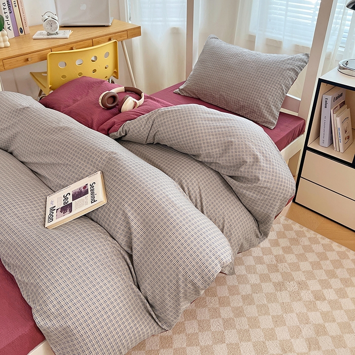 91家纺网 家纺一手货源 找家纺 梦舒羽 2025新款双层纱格子学生宿舍上下铺套件 常规款-明古灰格