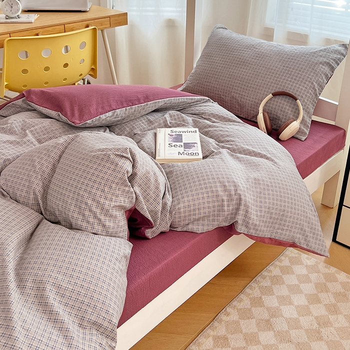 91家纺网 家纺一手货源 找家纺 梦舒羽 2025新款双层纱格子学生宿舍上下铺套件 常规款-明古灰格