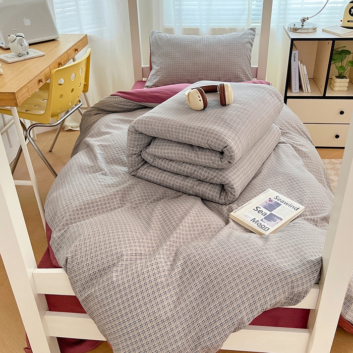 91家纺网 家纺一手货源 找家纺 梦舒羽 2025新款双层纱格子学生宿舍上下铺套件 常规款-明古灰格