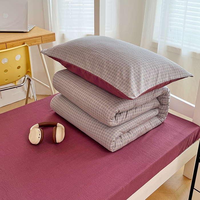 91家纺网 家纺一手货源 找家纺 梦舒羽 2025新款双层纱格子学生宿舍上下铺套件 常规款-明古灰格