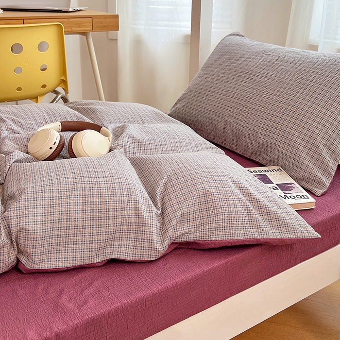 91家纺网 家纺一手货源 找家纺 梦舒羽 2025新款双层纱格子学生宿舍上下铺套件 常规款-明古灰格