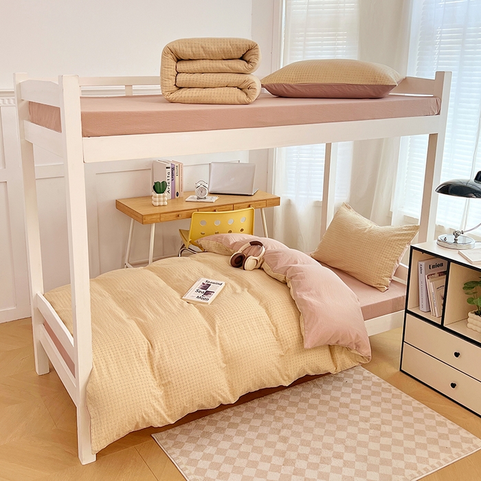 梦舒羽 2025新款双层纱格子学生宿舍上下铺套件 常规款-秋田黄格