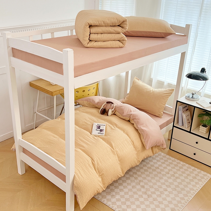 91家纺网 家纺一手货源 找家纺 梦舒羽 2025新款双层纱格子学生宿舍上下铺套件 常规款-秋田黄格