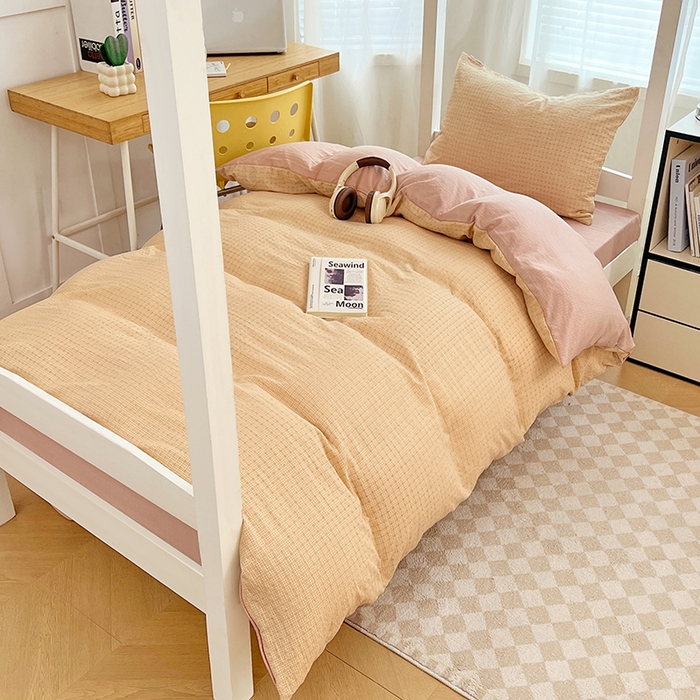 91家纺网 家纺一手货源 找家纺 梦舒羽 2025新款双层纱格子学生宿舍上下铺套件 常规款-秋田黄格