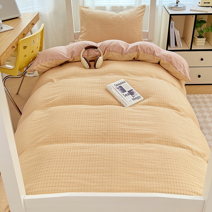 91家纺网 家纺一手货源 找家纺 梦舒羽 2025新款双层纱格子学生宿舍上下铺套件 常规款-秋田黄格