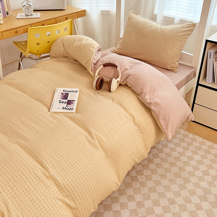 91家纺网 家纺一手货源 找家纺 梦舒羽 2025新款双层纱格子学生宿舍上下铺套件 常规款-秋田黄格