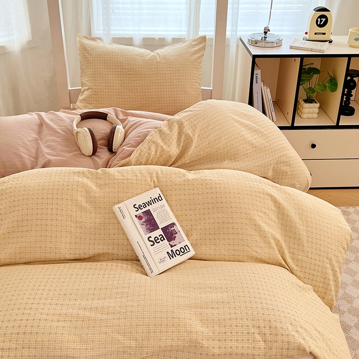 91家纺网 家纺一手货源 找家纺 梦舒羽 2025新款双层纱格子学生宿舍上下铺套件 常规款-秋田黄格