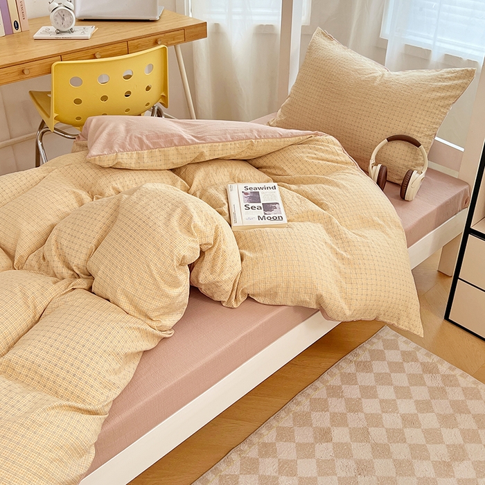 91家纺网 家纺一手货源 找家纺 梦舒羽 2025新款双层纱格子学生宿舍上下铺套件 常规款-秋田黄格