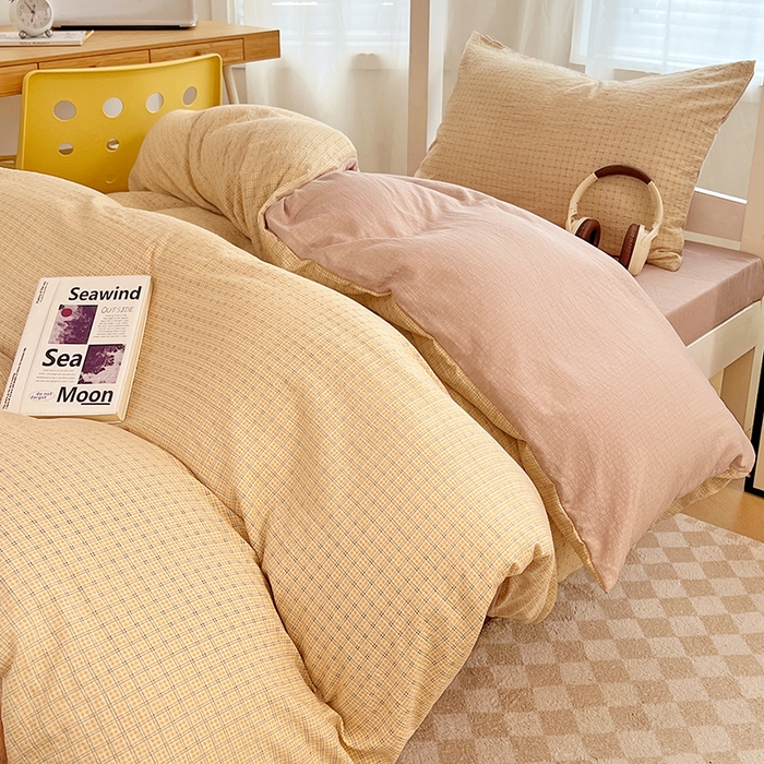 91家纺网 家纺一手货源 找家纺 梦舒羽 2025新款双层纱格子学生宿舍上下铺套件 常规款-秋田黄格