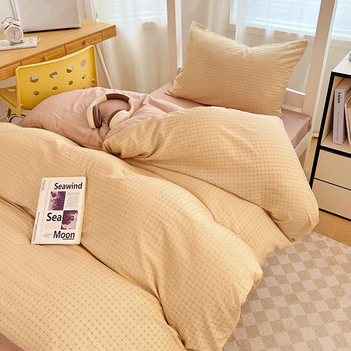 91家纺网 家纺一手货源 找家纺 梦舒羽 2025新款双层纱格子学生宿舍上下铺套件 常规款-秋田黄格