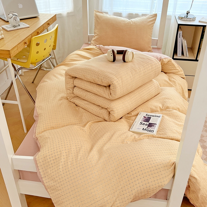 91家纺网 家纺一手货源 找家纺 梦舒羽 2025新款双层纱格子学生宿舍上下铺套件 常规款-秋田黄格