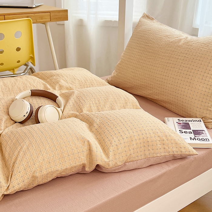 91家纺网 家纺一手货源 找家纺 梦舒羽 2025新款双层纱格子学生宿舍上下铺套件 常规款-秋田黄格