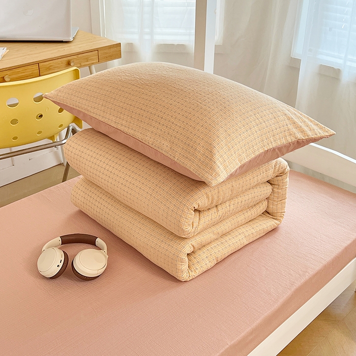 91家纺网 家纺一手货源 找家纺 梦舒羽 2025新款双层纱格子学生宿舍上下铺套件 常规款-秋田黄格