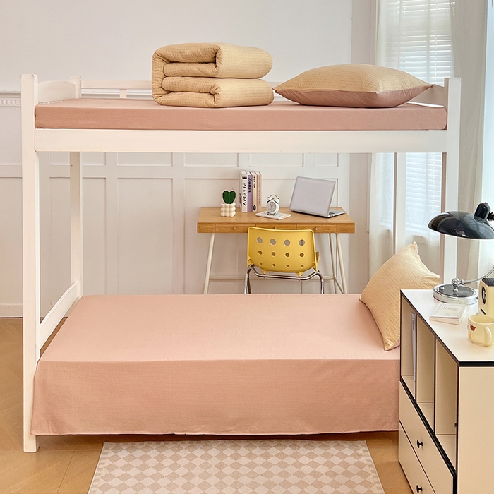 91家纺网 家纺一手货源 找家纺 梦舒羽 2025新款双层纱格子学生宿舍上下铺套件 常规款-秋田黄格