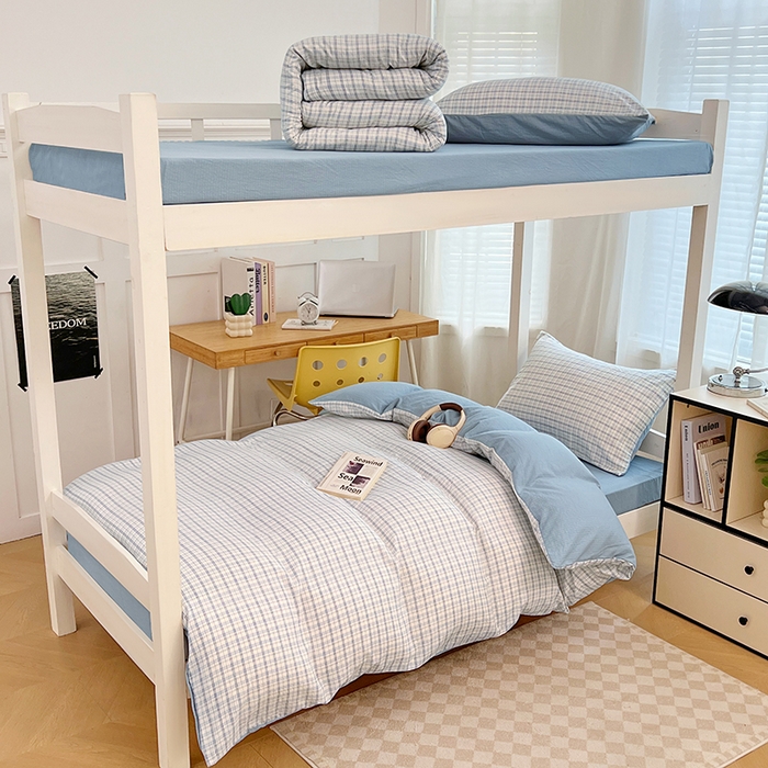 梦舒羽 2025新款双层纱格子学生宿舍上下铺套件 常规款-天空蓝格