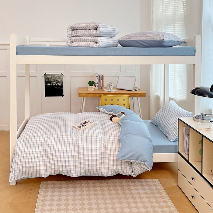 91家纺网 家纺一手货源 找家纺 梦舒羽 2025新款双层纱格子学生宿舍上下铺套件 常规款-天空蓝格