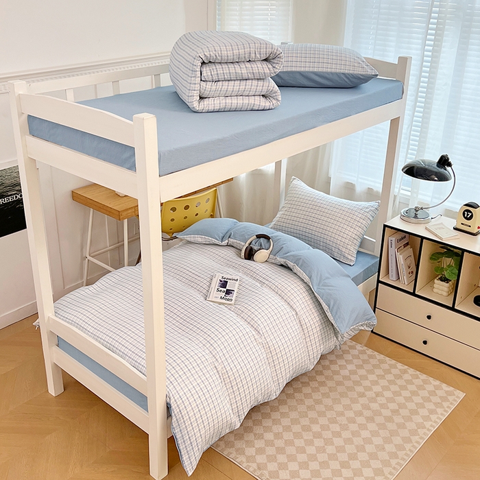 91家纺网 家纺一手货源 找家纺 梦舒羽 2025新款双层纱格子学生宿舍上下铺套件 常规款-天空蓝格