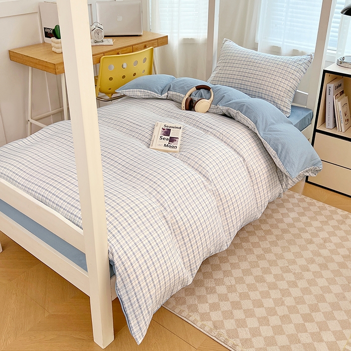 91家纺网 家纺一手货源 找家纺 梦舒羽 2025新款双层纱格子学生宿舍上下铺套件 常规款-天空蓝格