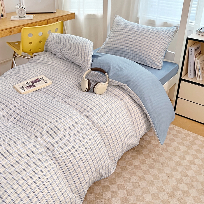 91家纺网 家纺一手货源 找家纺 梦舒羽 2025新款双层纱格子学生宿舍上下铺套件 常规款-天空蓝格