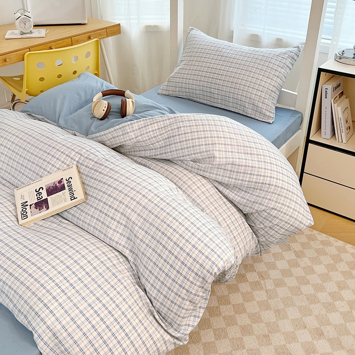 91家纺网 家纺一手货源 找家纺 梦舒羽 2025新款双层纱格子学生宿舍上下铺套件 常规款-天空蓝格