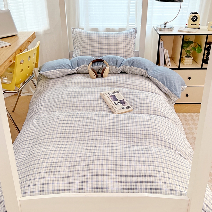 91家纺网 家纺一手货源 找家纺 梦舒羽 2025新款双层纱格子学生宿舍上下铺套件 常规款-天空蓝格