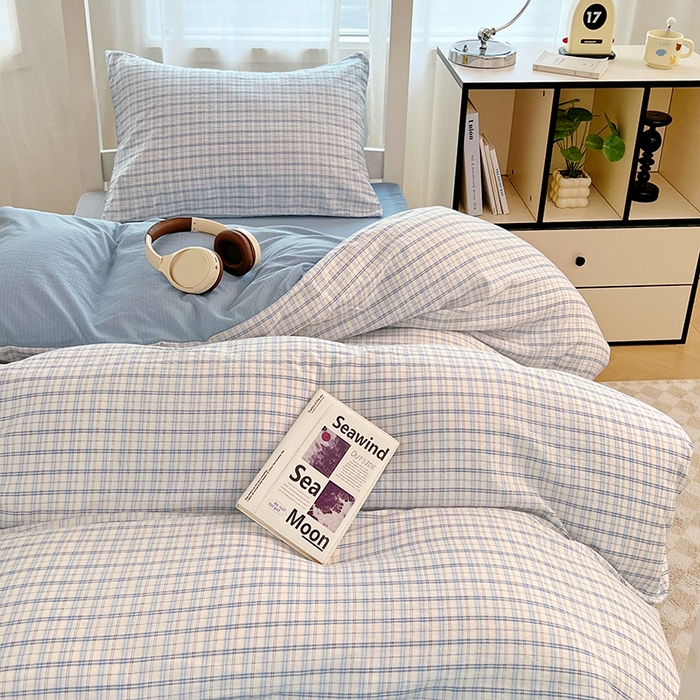 91家纺网 家纺一手货源 找家纺 梦舒羽 2025新款双层纱格子学生宿舍上下铺套件 常规款-天空蓝格