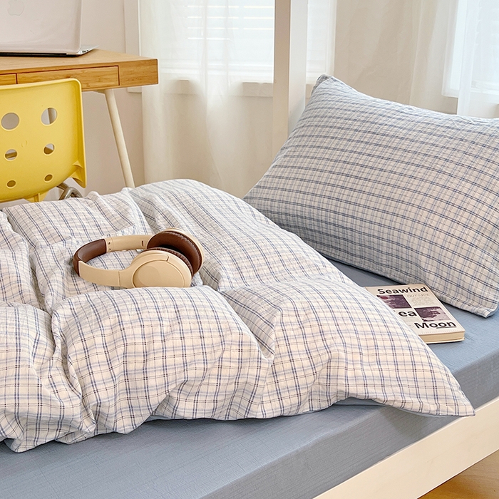 91家纺网 家纺一手货源 找家纺 梦舒羽 2025新款双层纱格子学生宿舍上下铺套件 常规款-天空蓝格