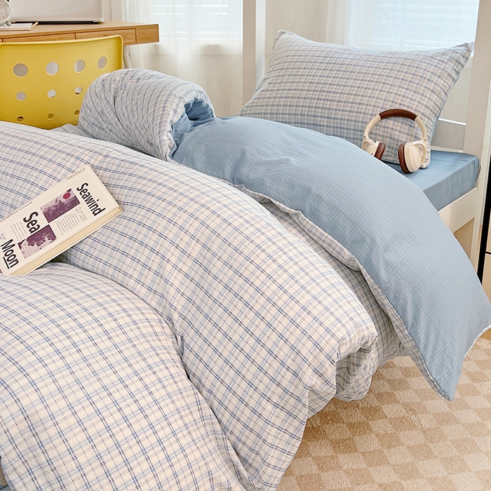 91家纺网 家纺一手货源 找家纺 梦舒羽 2025新款双层纱格子学生宿舍上下铺套件 常规款-天空蓝格