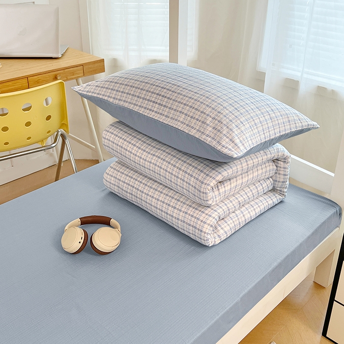 91家纺网 家纺一手货源 找家纺 梦舒羽 2025新款双层纱格子学生宿舍上下铺套件 常规款-天空蓝格