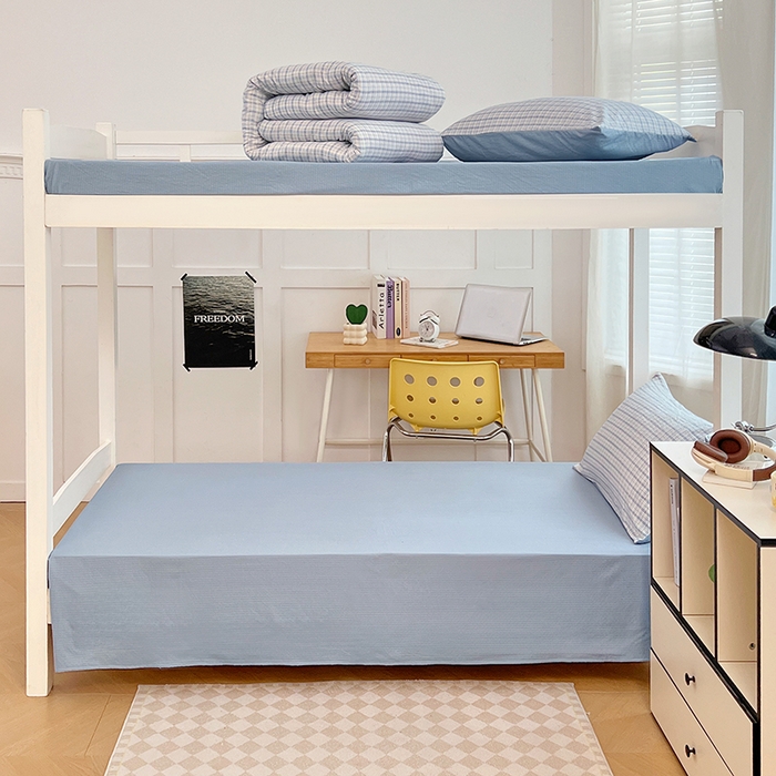 91家纺网 家纺一手货源 找家纺 梦舒羽 2025新款双层纱格子学生宿舍上下铺套件 常规款-天空蓝格