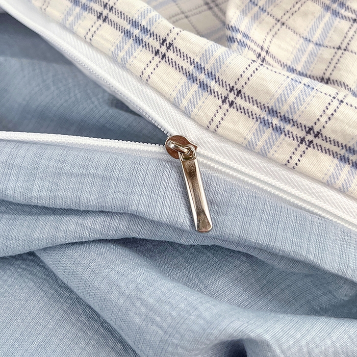 91家纺网 家纺一手货源 找家纺 梦舒羽 2025新款双层纱格子学生宿舍上下铺套件 常规款-天空蓝格