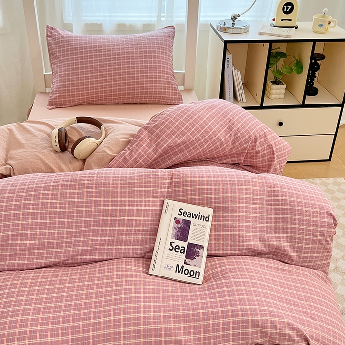 91家纺网 家纺一手货源 找家纺 （总）梦舒羽 2025新款双层纱格子学生宿舍上下铺套件