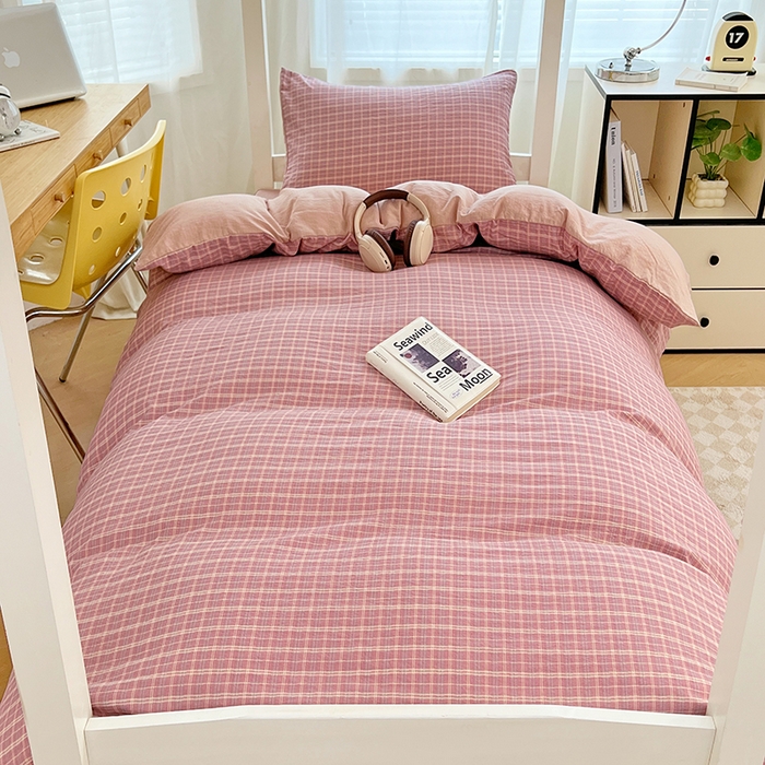 91家纺网 家纺一手货源 找家纺 （总）梦舒羽 2025新款双层纱格子学生宿舍上下铺套件