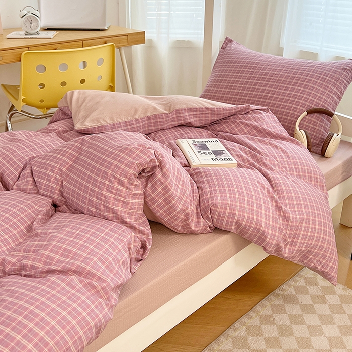 91家纺网 家纺一手货源 找家纺 （总）梦舒羽 2025新款双层纱格子学生宿舍上下铺套件