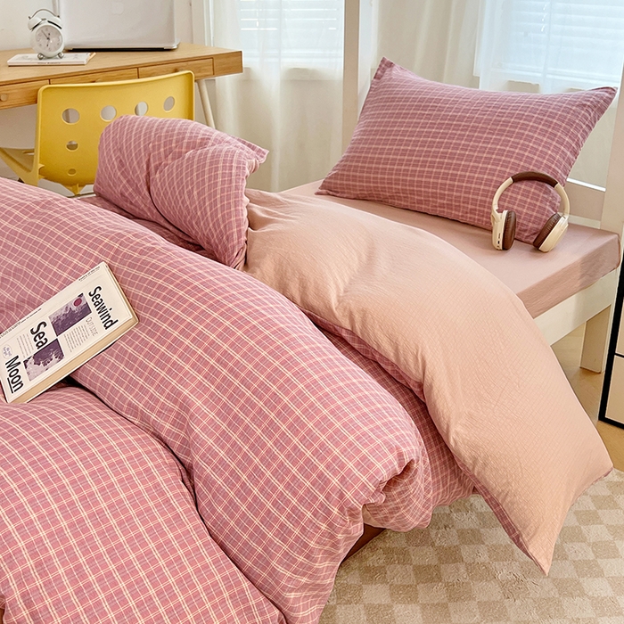 91家纺网 家纺一手货源 找家纺 （总）梦舒羽 2025新款双层纱格子学生宿舍上下铺套件