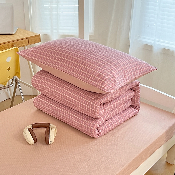 91家纺网 家纺一手货源 找家纺 （总）梦舒羽 2025新款双层纱格子学生宿舍上下铺套件