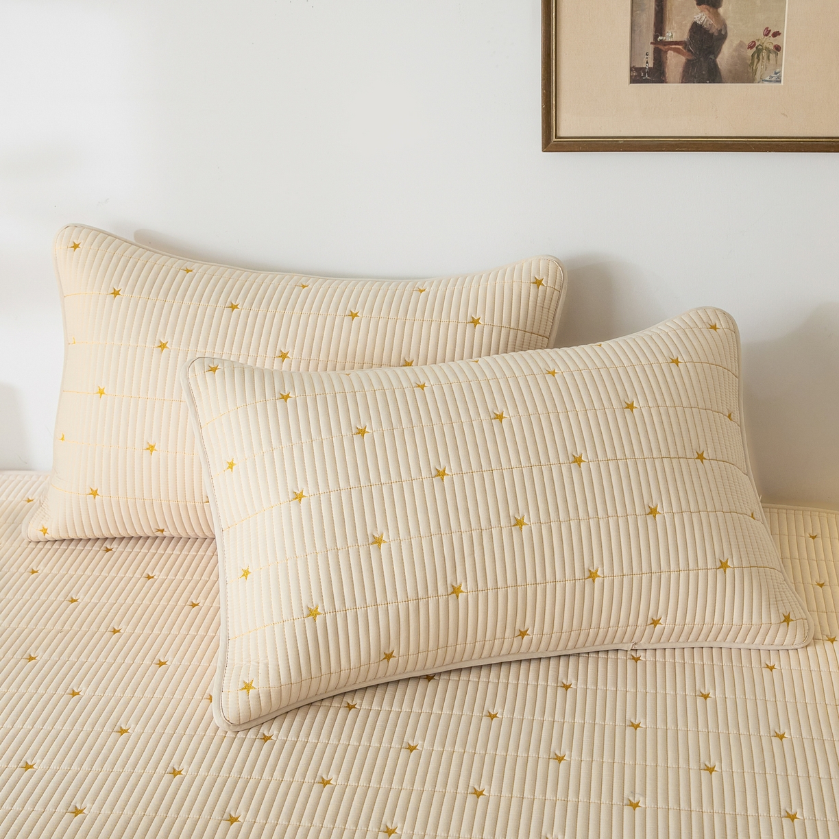 91家纺网 家纺一手货源 找家纺 芬晴家纺 2025新款A类大豆夹棉爱心防水床笠单床笠床笠单件 繁星-卡其