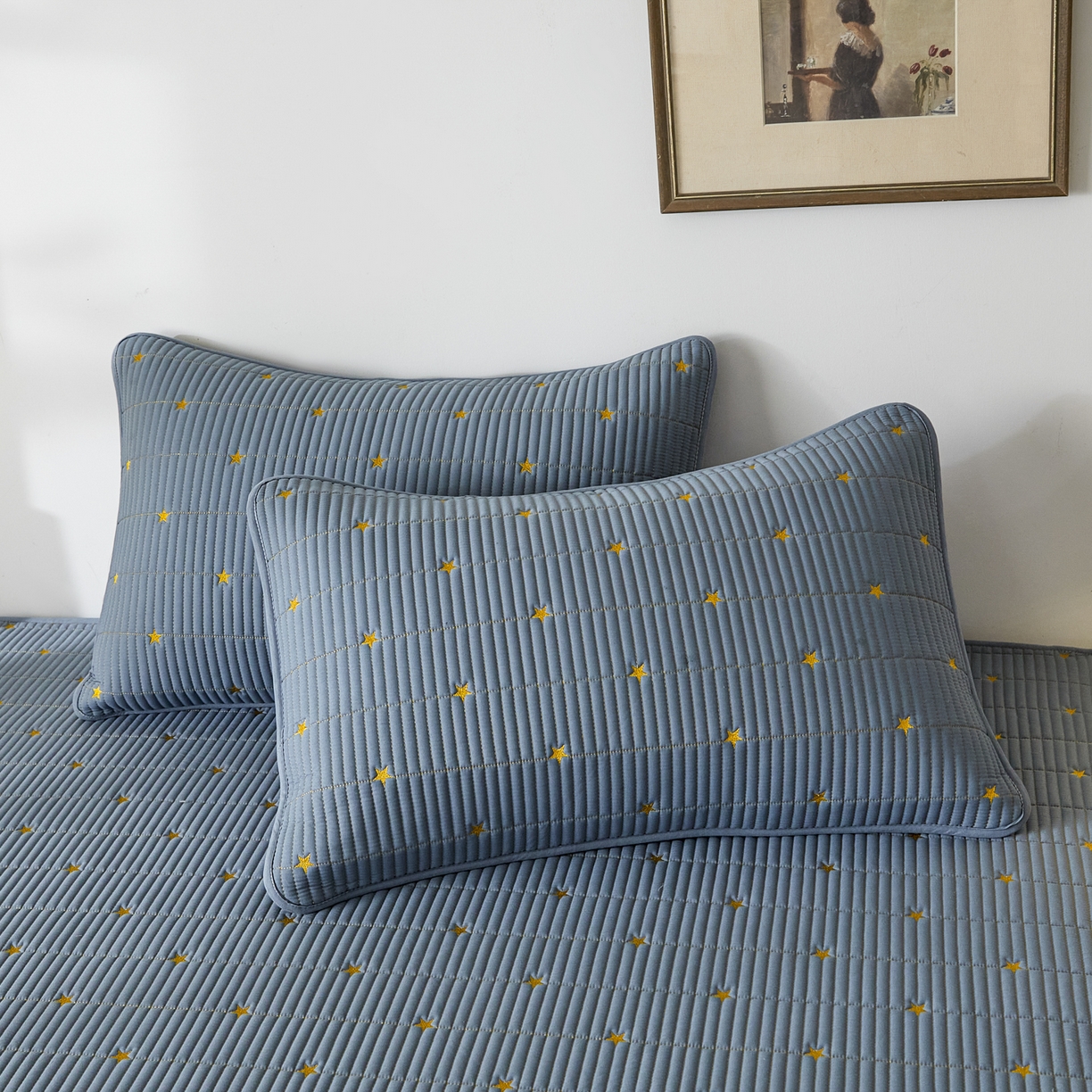 91家纺网 家纺一手货源 找家纺 芬晴家纺 2025新款A类大豆夹棉爱心防水床笠单床笠床笠单件 繁星-雾蓝