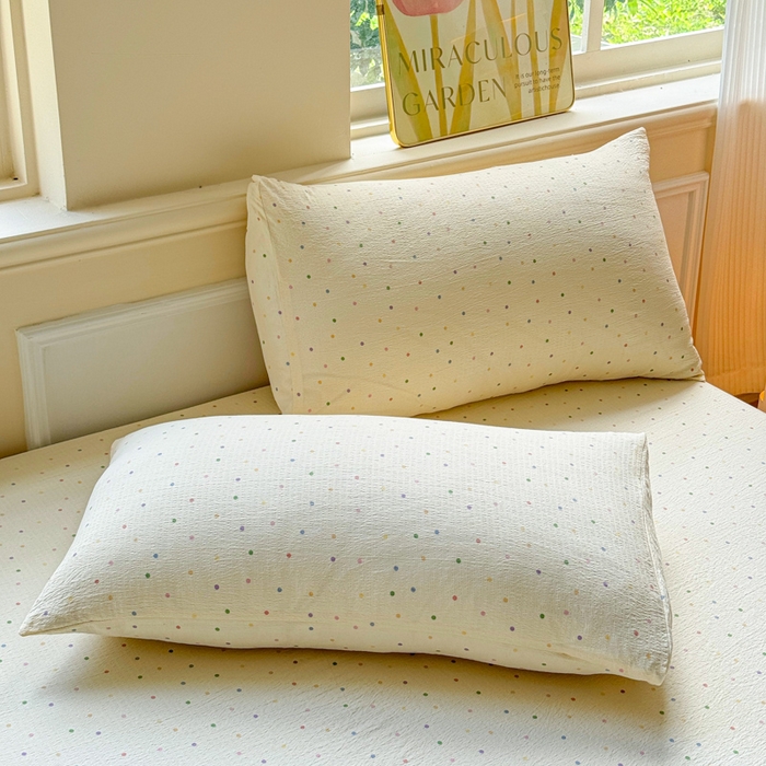 91家纺网 家纺一手货源 找家纺 佑佳家纺2025新款A类高克重水洗棉床笠 彩色波点