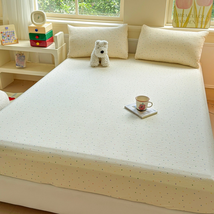 91家纺网 家纺一手货源 找家纺 佑佳家纺2025新款A类高克重水洗棉床笠 彩色波点