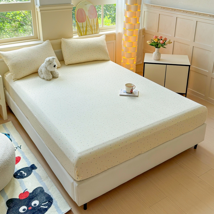 91家纺网 家纺一手货源 找家纺 佑佳家纺2025新款A类高克重水洗棉床笠 彩色波点