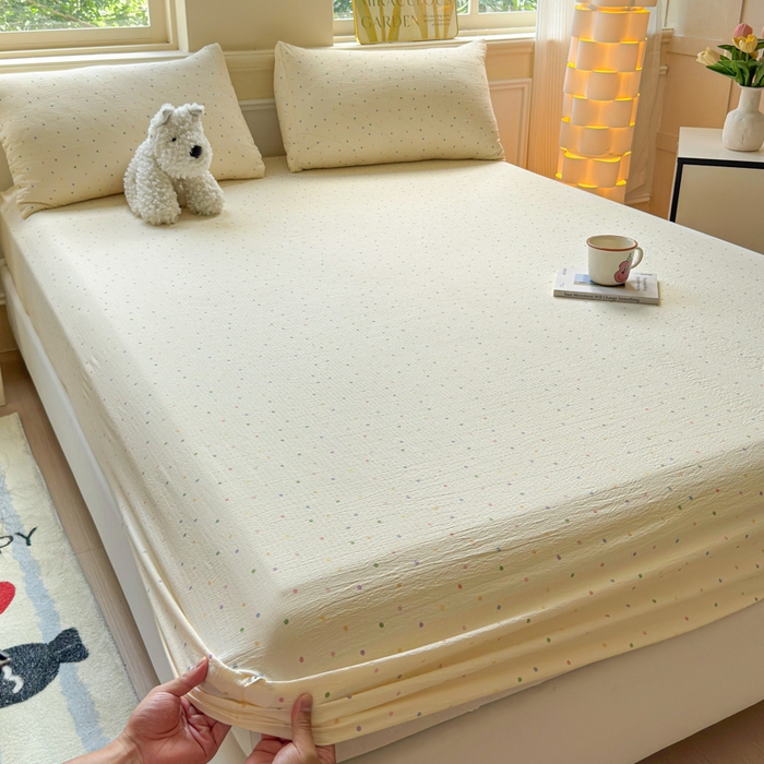 佑佳家纺2025新款A类高克重水洗棉床笠 彩色波点